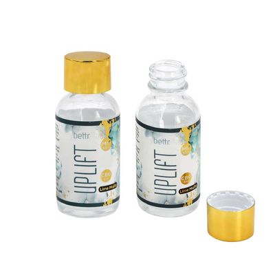 Bouteille en verre mini luxe de 30 ml (1 oz) étanche aux odeurs avec étiquette personnalisée, petite, avec bouchon à vis en aluminium doré pour liquide Mojito